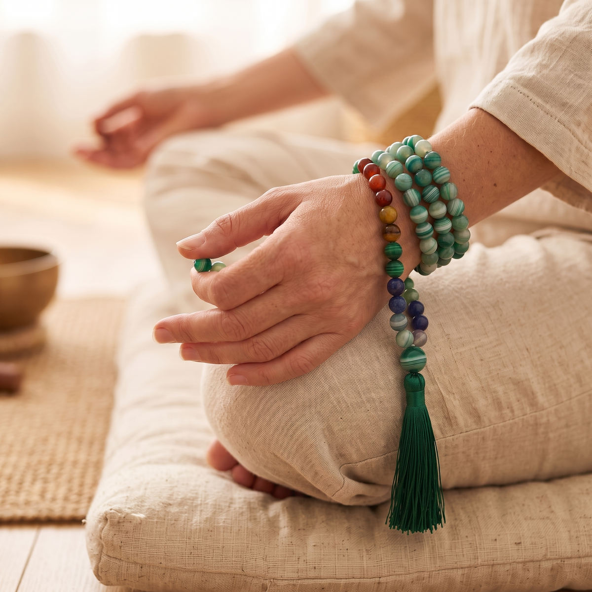 Sea Green Agate mala wrapped around the wrist in meditation
