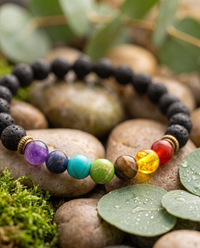 Close-up of the seven chakra gemstones and black lava beads
