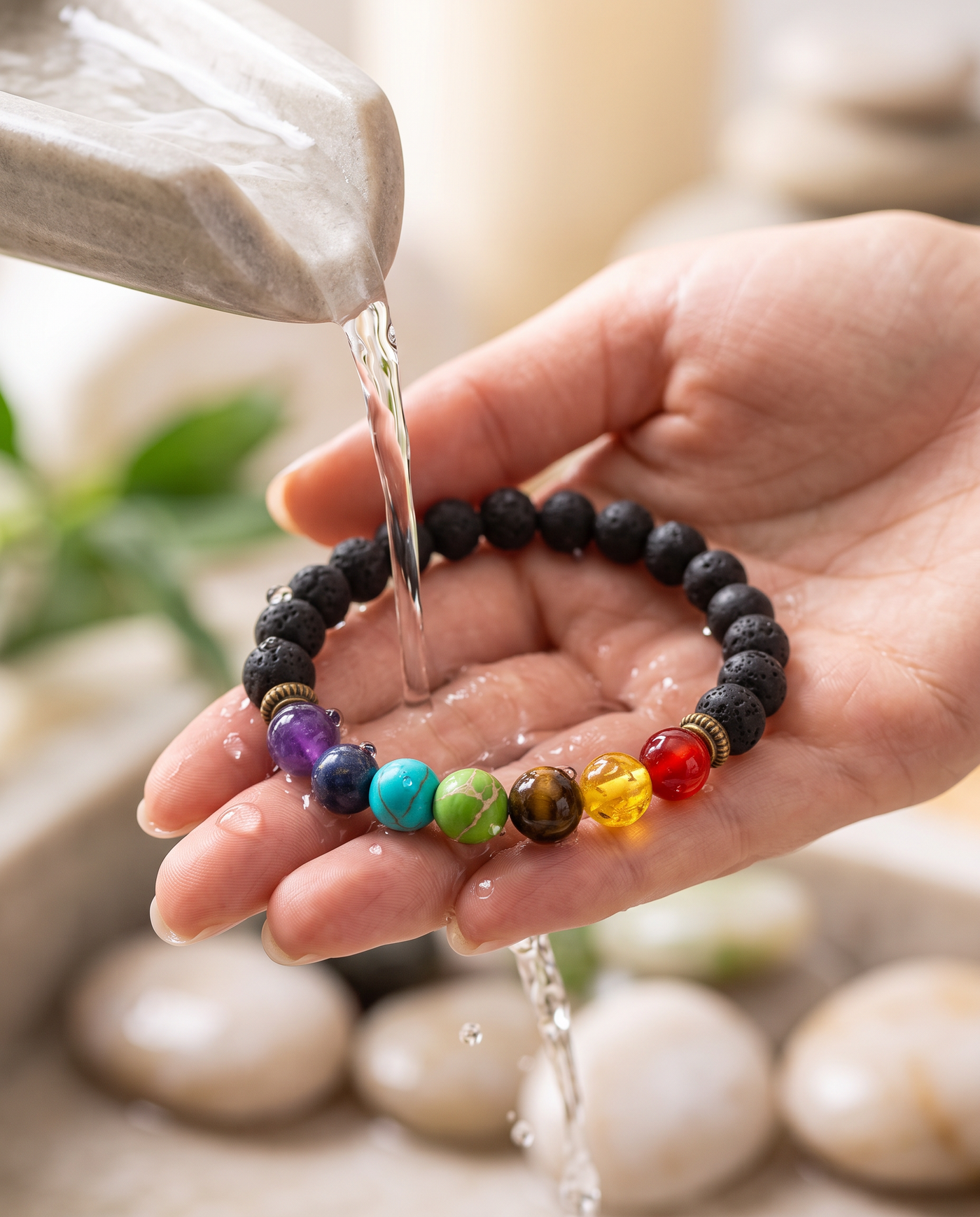 Cleansing the 7 chakra bracelet under cool running water