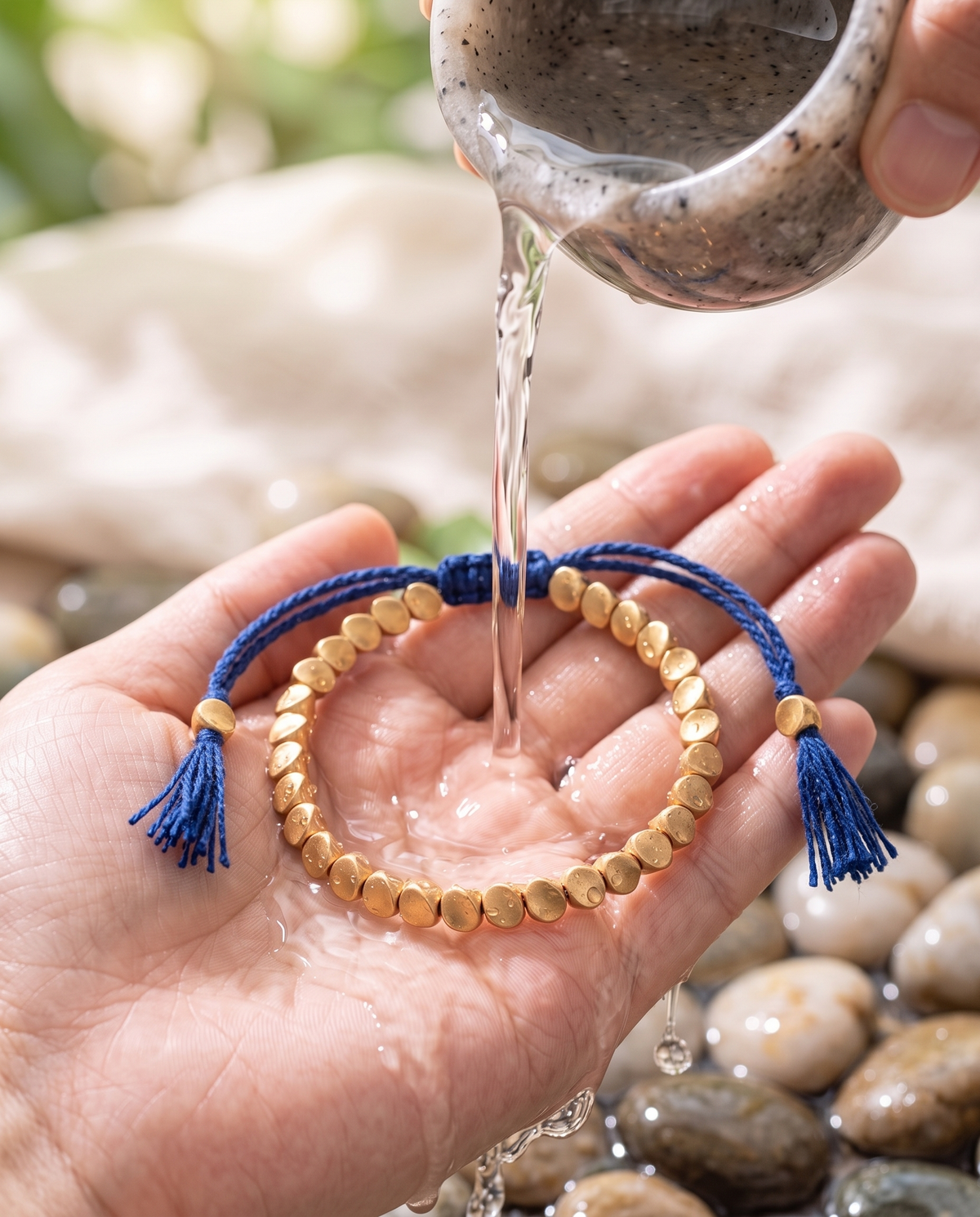 Cleansing the Tibetan Copper Shield Bracelet with water - Blue