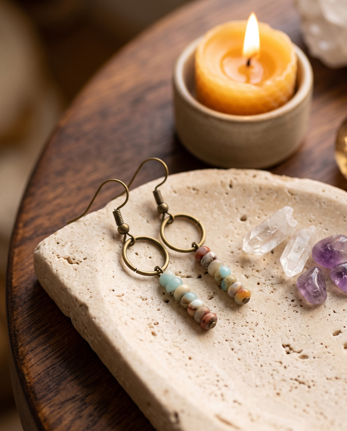 Amazonite Strength Earrings with candlelight and crystals