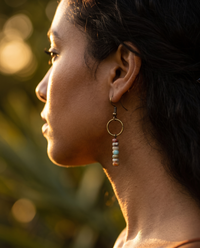 Amazonite Strength Earrings worn, side profile in golden light