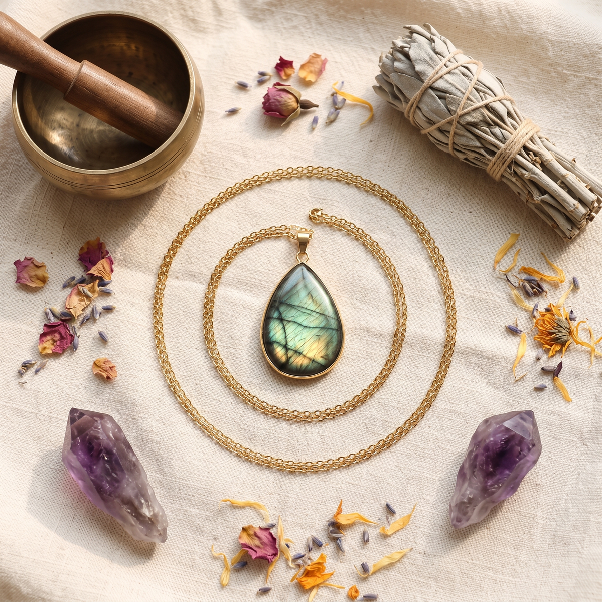 The pendant laid out with sage, amethyst and a singing bowl