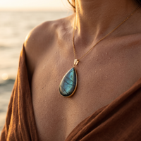 Close up of the pendant resting at the collarbone
