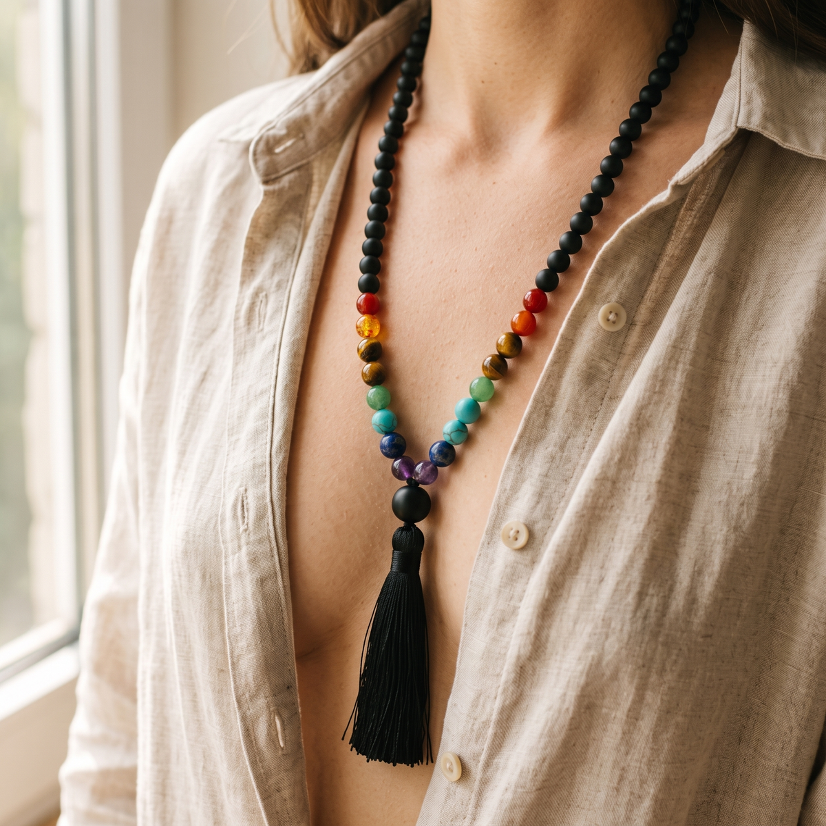Matte Black mala worn over a linen shirt