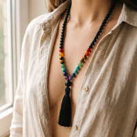 Matte Black mala worn over a linen shirt