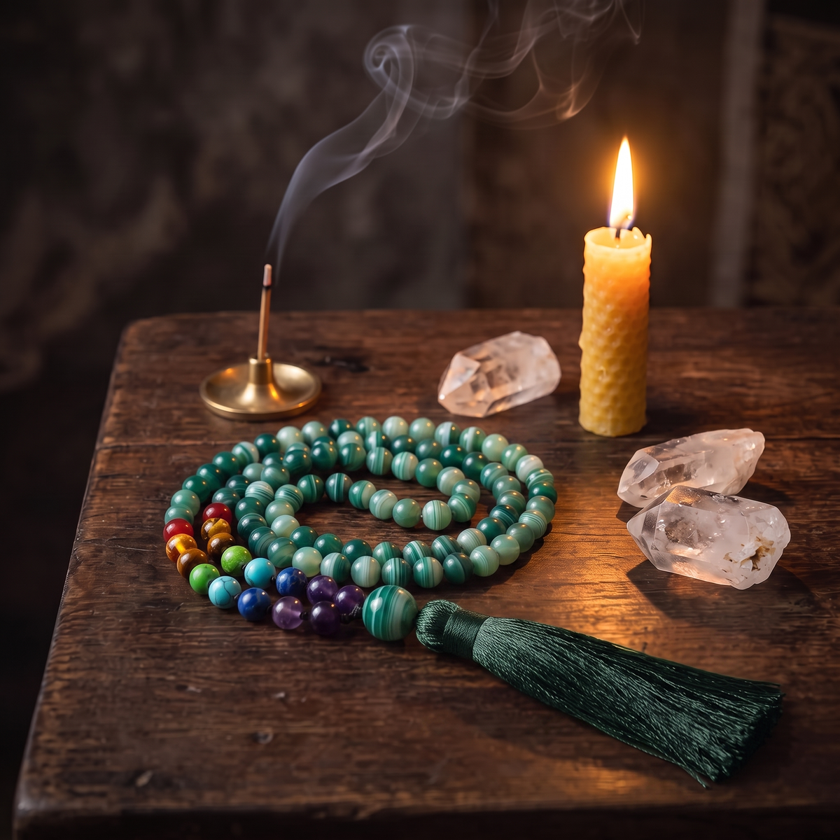 Sea Green Agate mala with candlelight and crystals