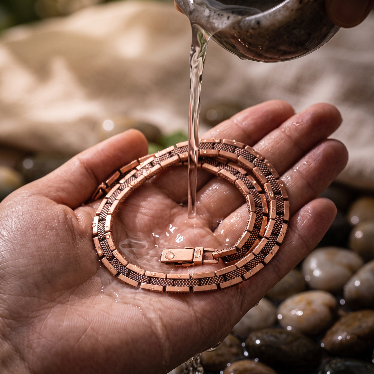 Cleansing the Copper Shield Magnetic Necklace with water
