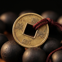 Close up of the lucky coin on the Buddha Mala Bracelet
