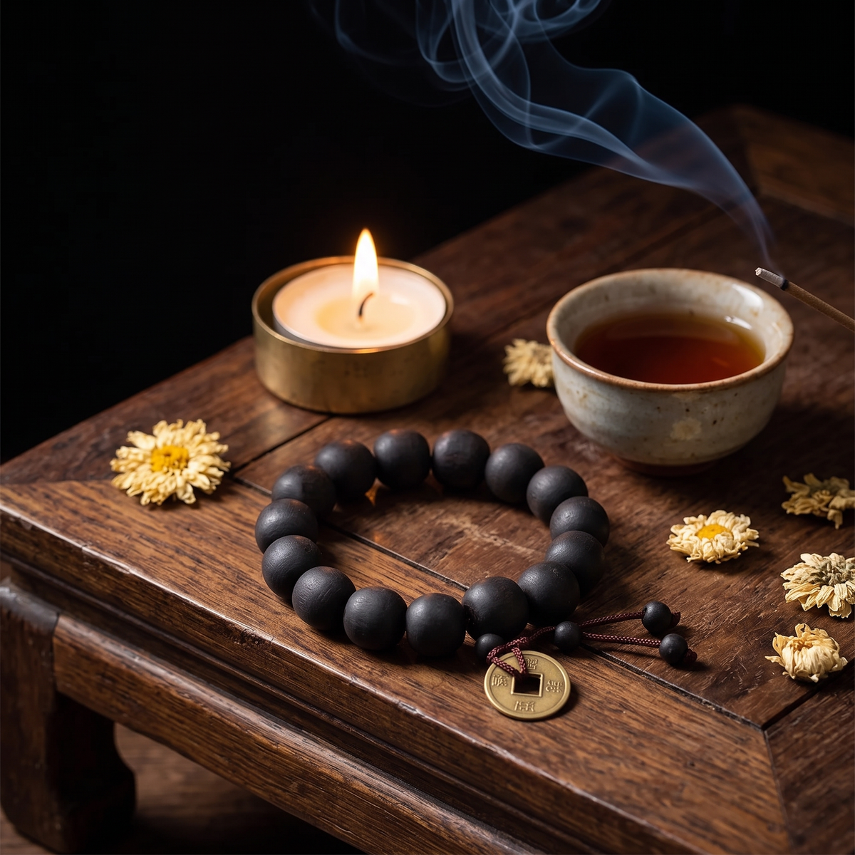 The Buddha Mala Bracelet with candlelight, tea and incense