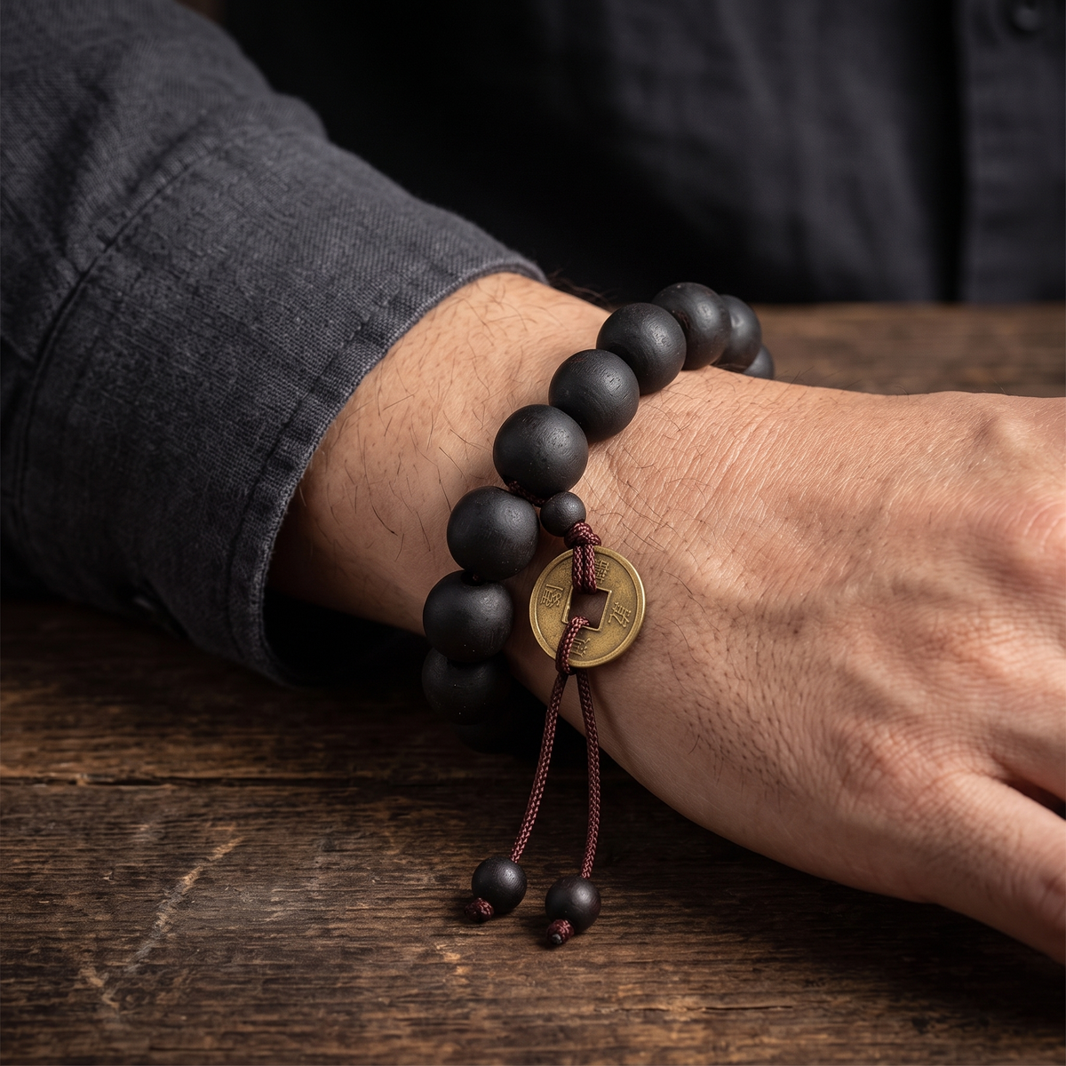 The Buddha Mala Bracelet worn on the wrist with the lucky coin hanging at the front